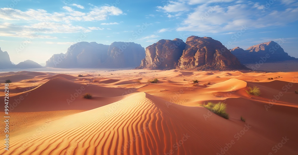Expansive desert landscape with rolling sand dunes and majestic mountains in the distance, bathed in warm sunlight. Expansive desert landscape with rolling sand dunes and majestic mountains in the distance, bathed in warm sunlight.