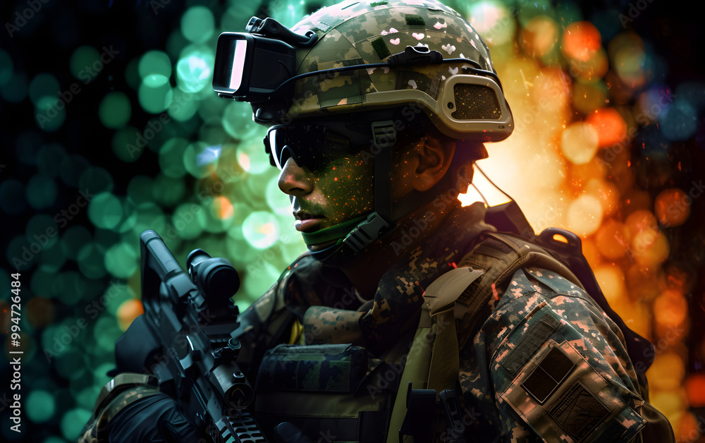 Moderner Soldat mit taktischer Ausrüstung und leuchtendem Hintergrund - Ai-Ki generiert Moderner Soldat mit taktischer Ausrüstung und leuchtendem Hintergrund - Ai-Ki generiert