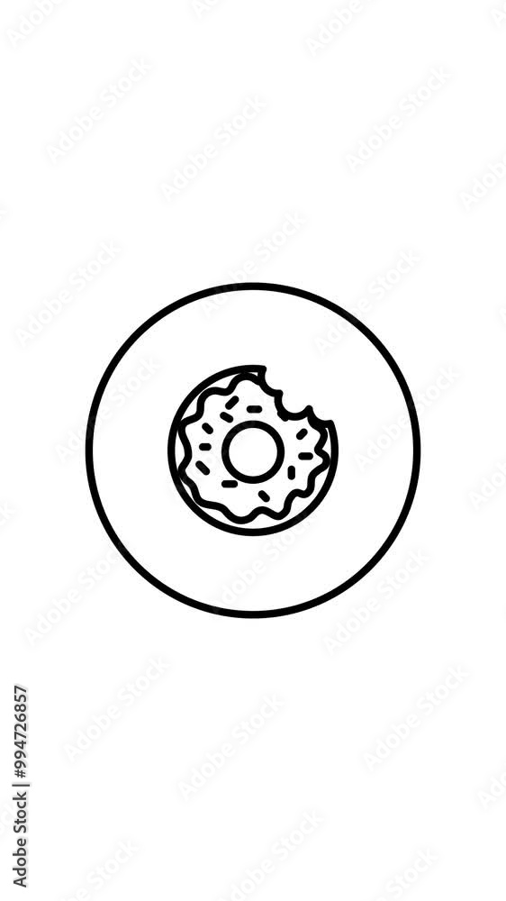 Doughnut bite black and white line icon vector illustration in a circle, for web use for fast food, desert, sweet, vertical video animation. Doughnut bite black and white line icon vector illustration in a circle, for web use for fast food, desert, sweet, vertical video animation.
