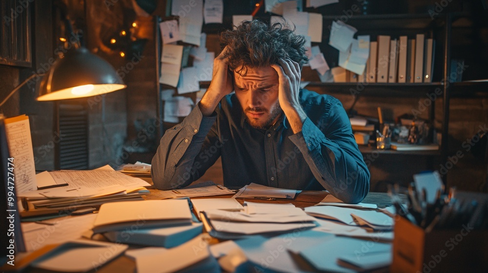 Exhausted Man at a Desk Surrounded by Papers Exhausted Man at a Desk Surrounded by Papers