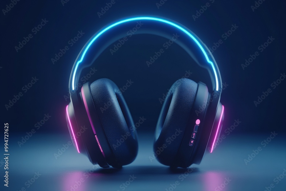 Glowing neon blue headphones on a sleek surface symbolizing audio technology futuristic design and modern innovation in a digital world Glowing neon blue headphones on a sleek surface symbolizing audio technology futuristic design and modern innovation in a digital world