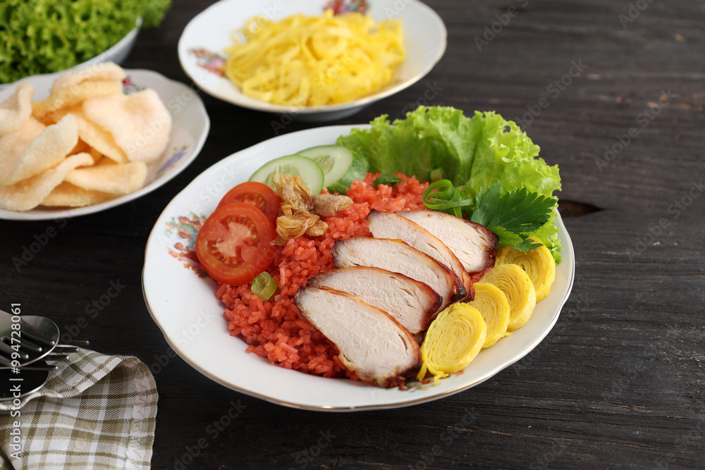Nasi Goreng Merah Surabaya with Eggs and Crackres, Indonesian Fried Rice Nasi Goreng Merah Surabaya with Eggs and Crackres, Indonesian Fried Rice