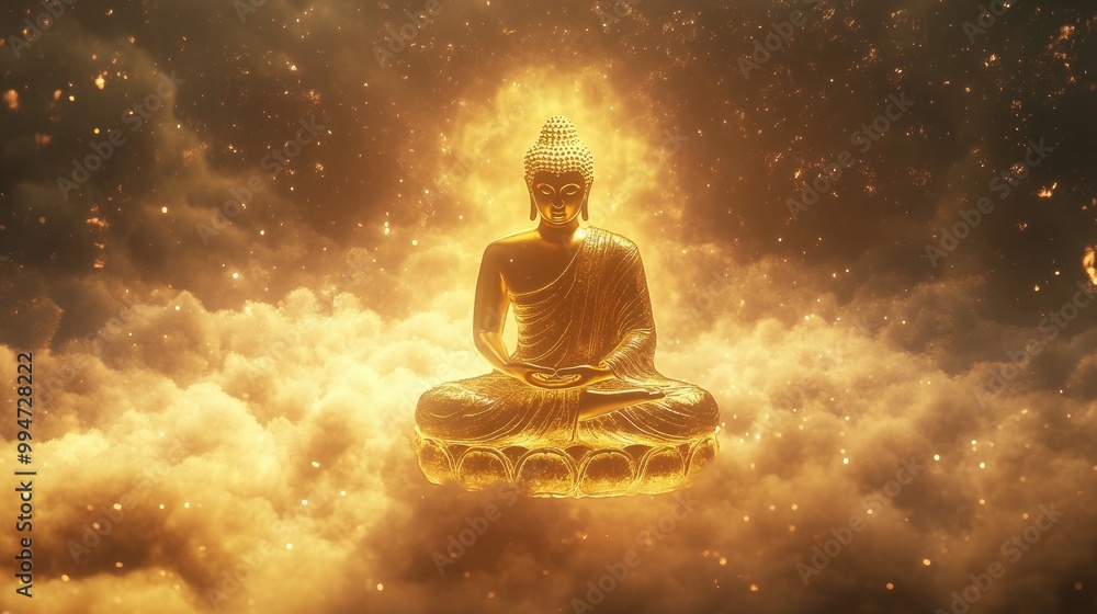 Beautiful golden Buddha floating gracefully above the clouds, illuminated by a futuristic background filled with bright, glowing elements Beautiful golden Buddha floating gracefully above the clouds, illuminated by a futuristic background filled with bright, glowing elements