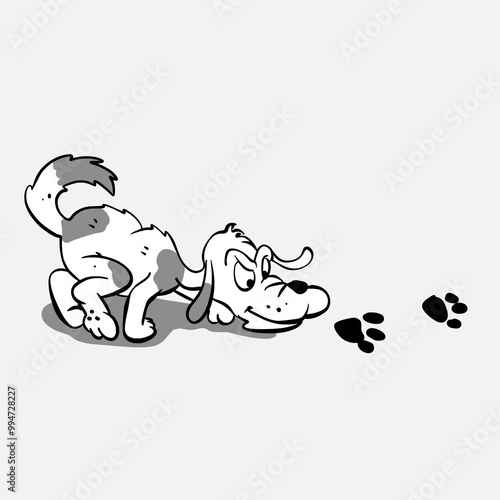 Cartoon Dog Sniffing Tracks Silhouette Vector Illustration