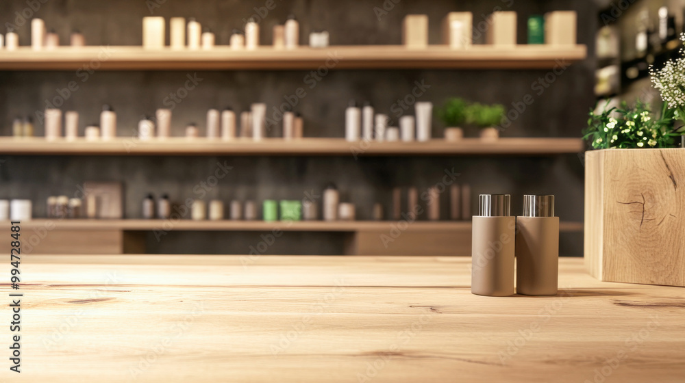 space for text in the foreground of a pharmacy, cosmetics store. blurred background with a large, light window and shelves on which there are light packages