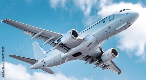 Aerial view of a sleek private jet soaring through a calm sky, emphasizing the curvature of the aircraft's wings photo