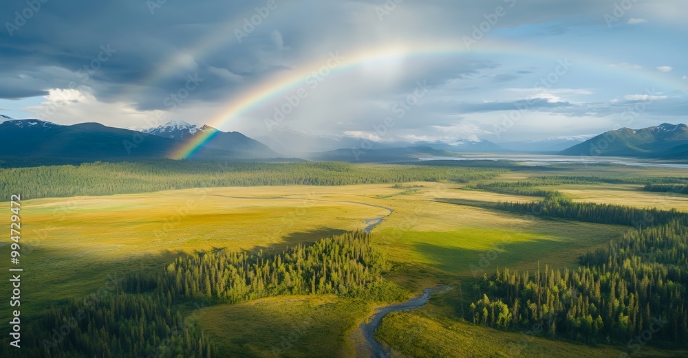 Obraz premium A vibrant rainbow arches over a lush green valley, creating a stunning contrast against the backdrop of snow-capped mountains.