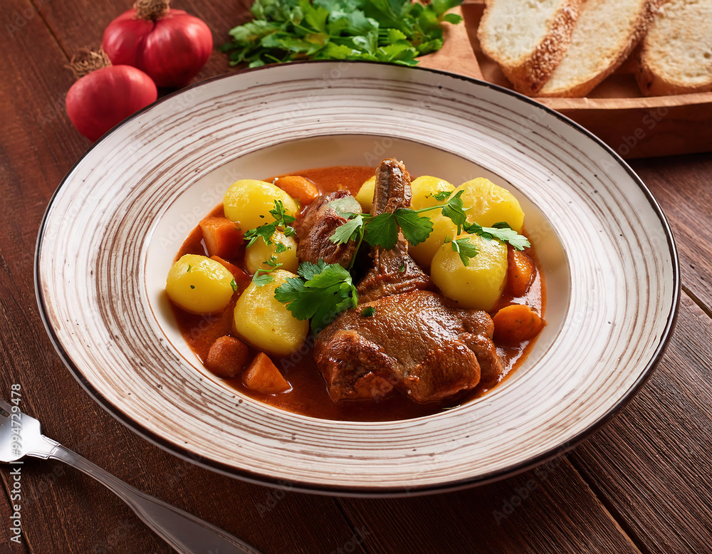 Fotografie Beef Bourguignon stew with potato and parsley