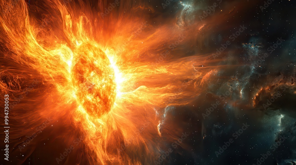 A mesmerizing image of a fiery solar flare bursting from the sun, illuminating the surrounding space with vibrant colors. A mesmerizing image of a fiery solar flare bursting from the sun, illuminating the surrounding space with vibrant colors.