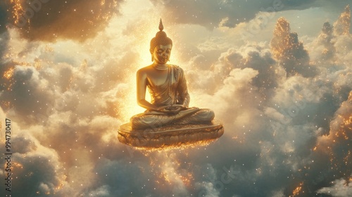 Floating golden Buddha above soft clouds, with a striking futuristic backdrop of radiant lights and cosmic textures, creating a divine visual