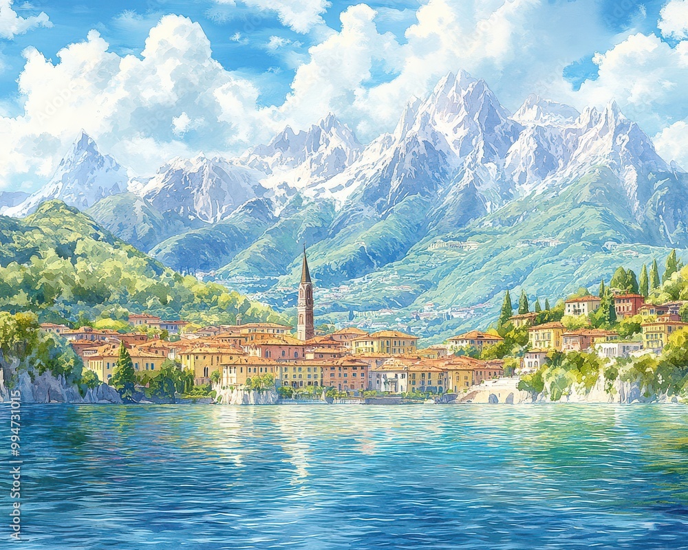Charming Lakeside Village Surrounded by Picturesque Mountains with Clear Reflections Under a Blue Sky with Fluffy Clouds Charming Lakeside Village Surrounded by Picturesque Mountains with Clear Reflections Under a Blue Sky with Fluffy Clouds