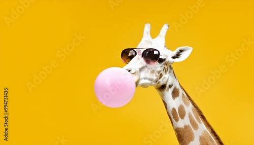 a giraffe wearing sunglasses and blowing a pink bubble gum bubble against a bright yellow background photo