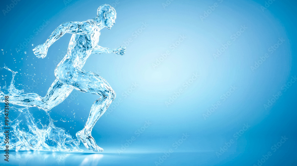 Silhouette of man from water. Water in the form of a running athlete. Concept of energy in life, healthy lifestyle Silhouette of man from water. Water in the form of a running athlete. Concept of energy in life, healthy lifestyle