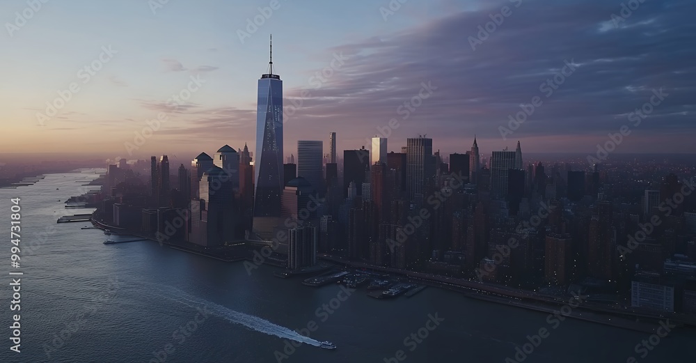 Fototapeta premium An aerial view of the New York City skyline at sunrise with a boat leaving a trail in the water.