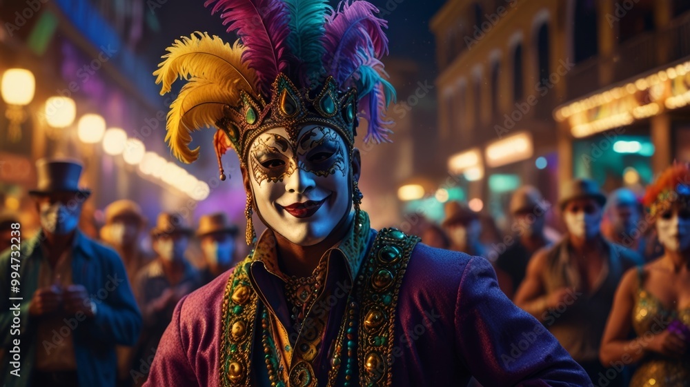 Colorful Mardi Gras revelers in intricate costumes and masks at a vibrant street carnival Colorful Mardi Gras revelers in intricate costumes and masks at a vibrant street carnival