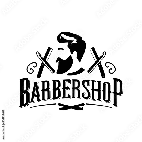 Barbershop elegant logo,detail with bearded man and razor elements, business and professional barbershop