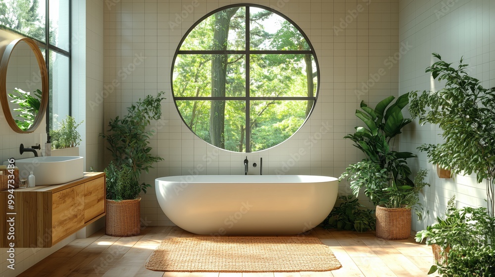The chic Scandinavian bathroom is decorated with plants and offers a natural, relaxing ambiance. The chic Scandinavian bathroom is decorated with plants and offers a natural, relaxing ambiance.