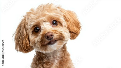 A small dog with a pink face and brown hair is smiling