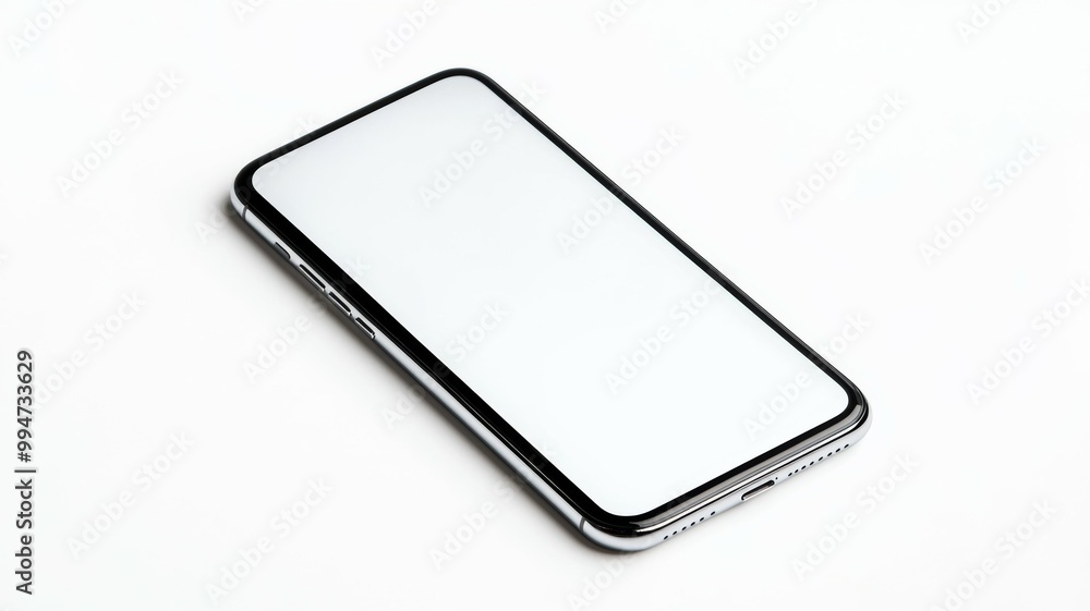A phone with a white screen sits on a white background A phone with a white screen sits on a white background