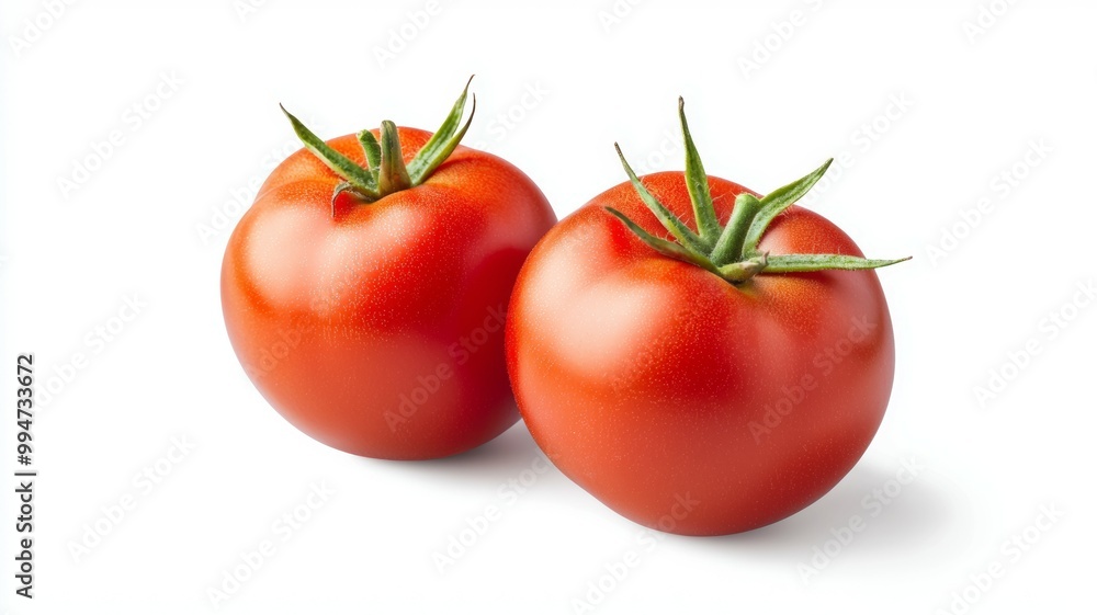 Two ripe red tomatoes are shown on a white background Two ripe red tomatoes are shown on a white background