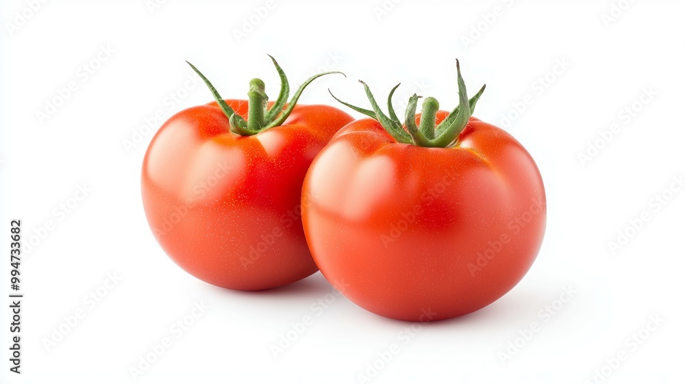 Two red tomatoes are shown on a white background Two red tomatoes are shown on a white background