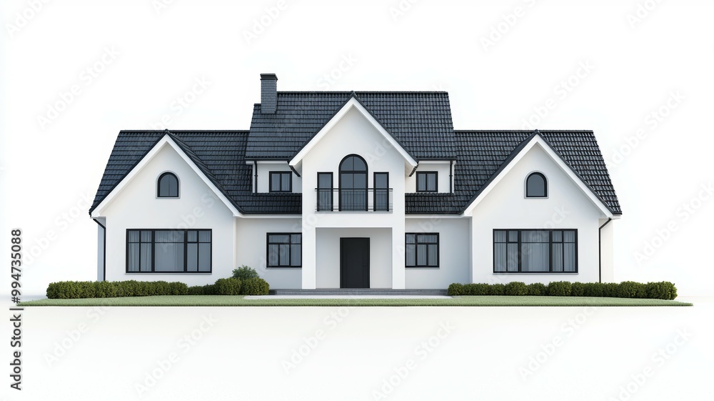A large white house with a black roof and a black door A large white house with a black roof and a black door