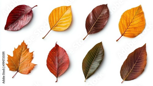 A collection of autumn leaves are shown in various stages of decay