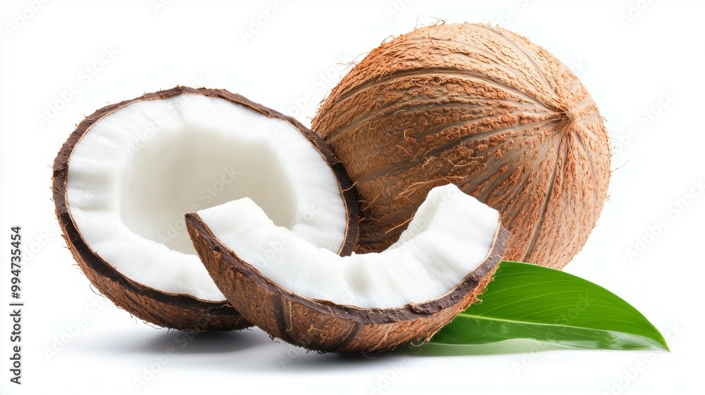 A half cut coconut with a leaf on top A half cut coconut with a leaf on top
