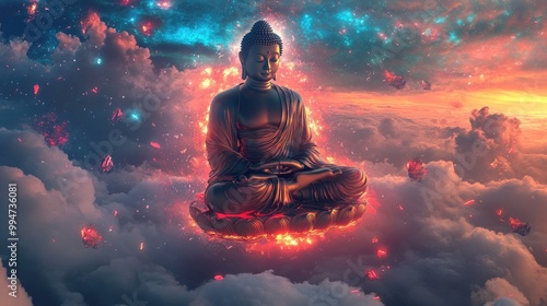 Stunning floating Buddha above clouds, with a vibrant futuristic backdrop featuring glowing elements and cosmic energy