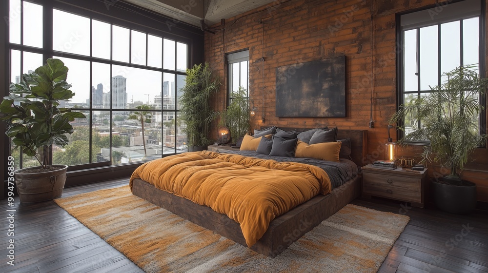 Industrial glam bedroom with metallic accents. The room is decorated with gold accents and has a modern, sophisticated feel. Industrial glam bedroom with metallic accents. The room is decorated with gold accents and has a modern, sophisticated feel.