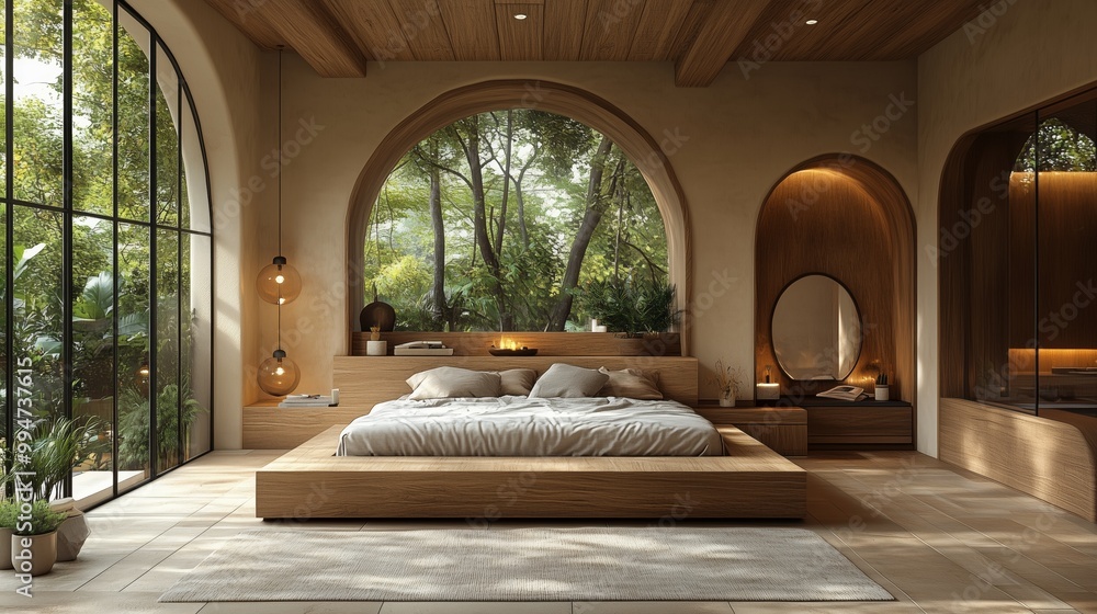A bedroom with soft earth tones, minimal decor, and a calming atmosphere. The room is decorated with plants and has a natural, earthy feel. A bedroom with soft earth tones, minimal decor, and a calming atmosphere. The room is decorated with plants and has a natural, earthy feel.
