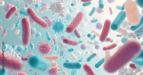 A colorful microscopic view of bacteria and viruses floating in a liquid. The image depicts the intricate details of these tiny organisms, highlighting their diversity and potential impact.