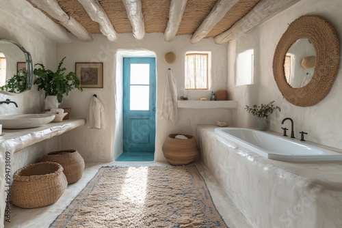 Fototapeta Naklejka Na Ścianę i Meble -  Mediterranean coastal bathroom with whitewashed walls, blue accents, and natural materials