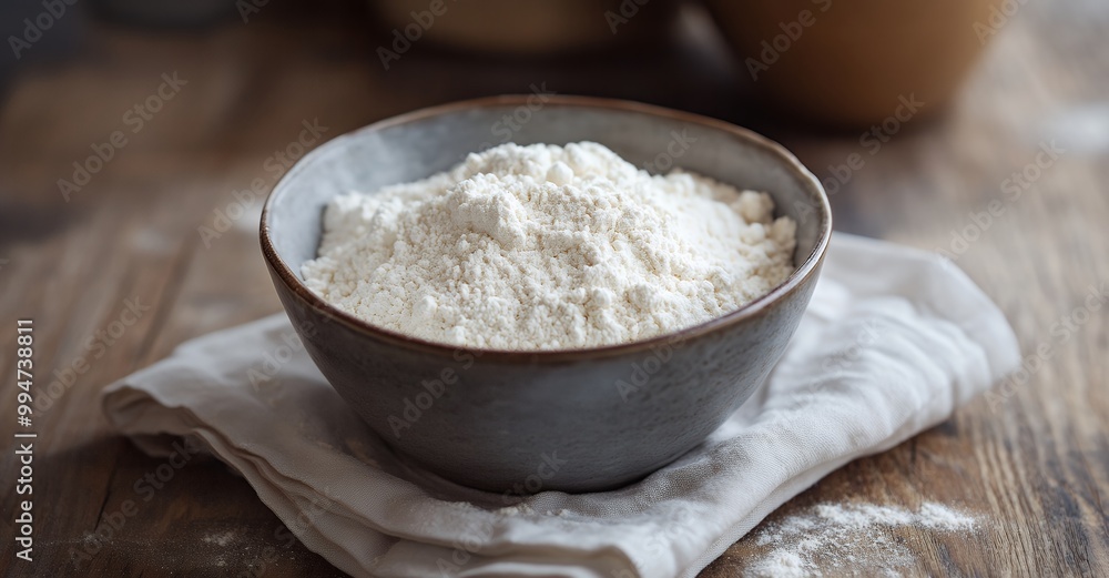 A bowl of white flour sits on a wooden table with a white cloth underneath. The bowl is made of grey ceramic and has a natural, unbleached look. A bowl of white flour sits on a wooden table with a white cloth underneath. The bowl is made of grey ceramic and has a natural, unbleached look.