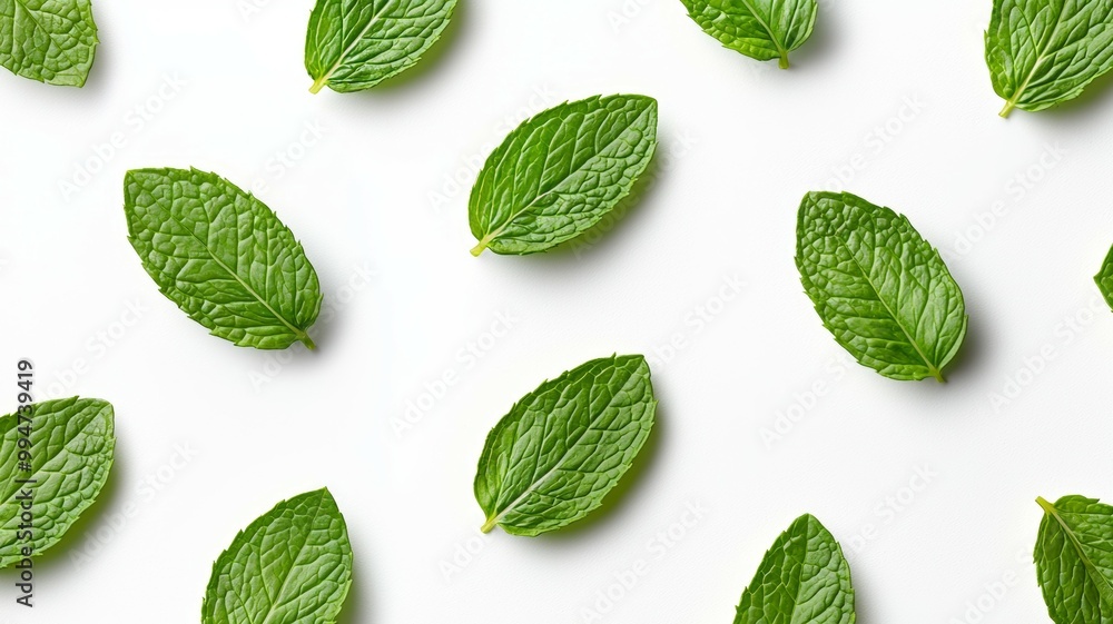 A close up of green mint leaves arranged in a pattern A close up of green mint leaves arranged in a pattern