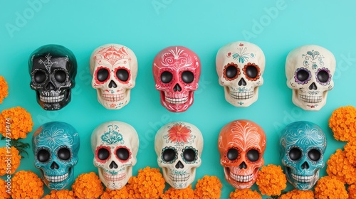 Colorful Sugar Skulls Marigolds Day of the Dead Decor