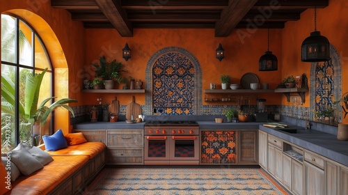 Moroccan-style kitchen. The room is decorated with a lot of colors and has a lot of plants.