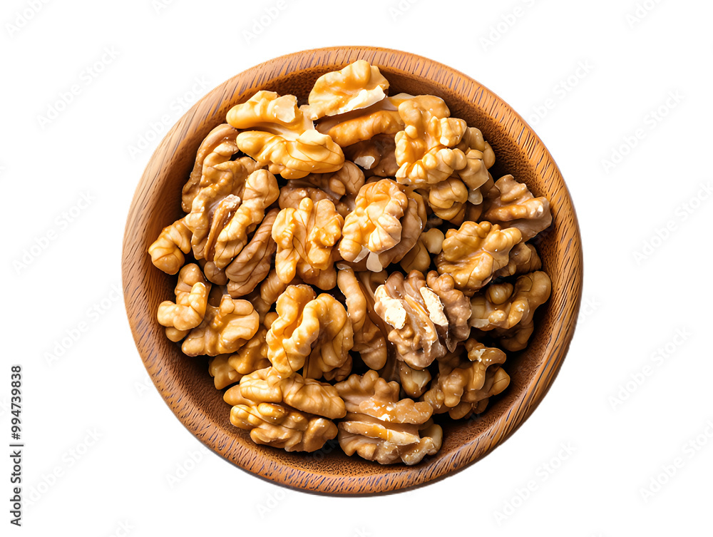 The wooden bowl is full of peeled walnuts. The wooden bowl is full of peeled walnuts.