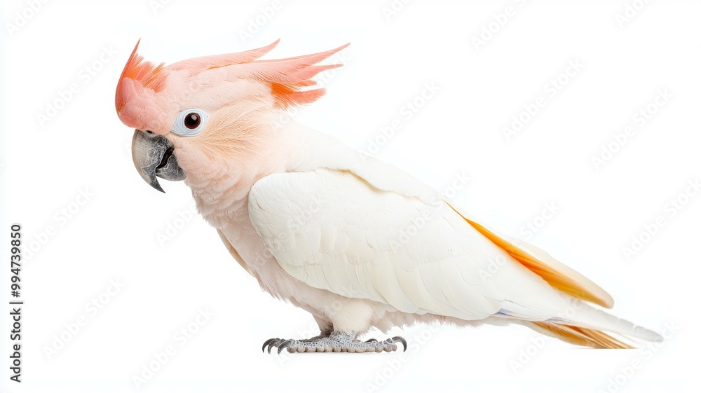 Obraz premium A white and orange parrot with a red beak stands on a white background