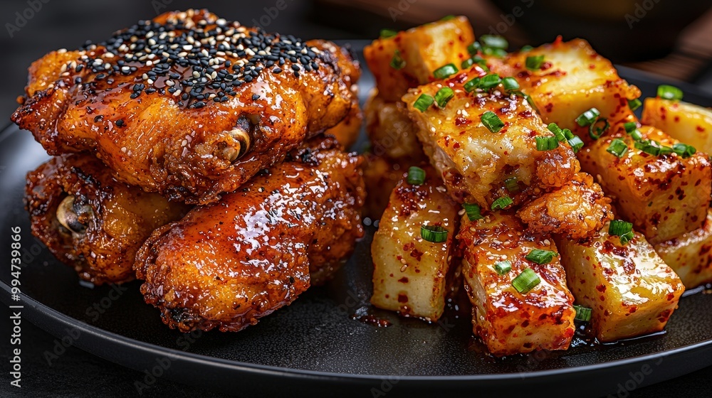 Korean Fried Chicken and Soy Glazed Potatoes with Sesame Seeds and Green Onions Korean Fried Chicken and Soy Glazed Potatoes with Sesame Seeds and Green Onions