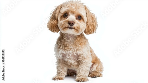A small tan and white dog is sitting on a white background