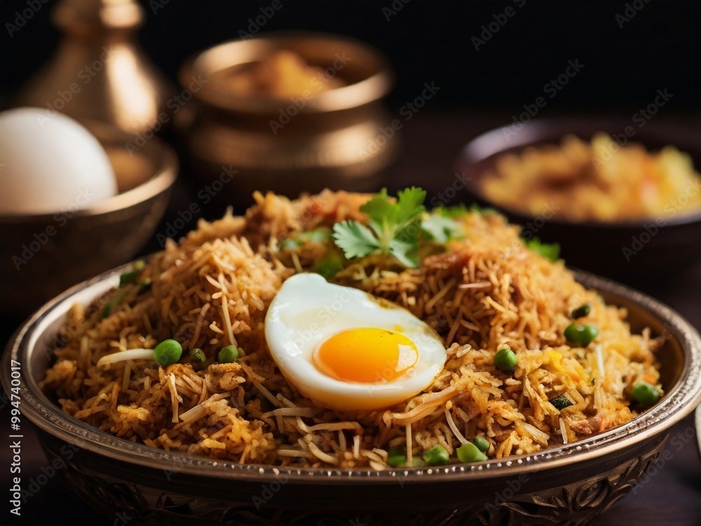 Biryani Unveiled: A Tempting Close-Up of Egg Garnished Aromatic Rice Biryani Unveiled: A Tempting Close-Up of Egg Garnished Aromatic Rice