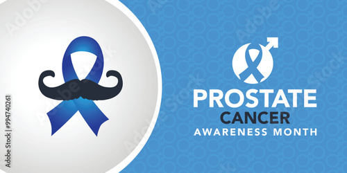 Prostate Cancer Awareness Month. September observance campaign design poster. Blue Featuring ribbon and male gender symbol on Monochrome blue patterned background.