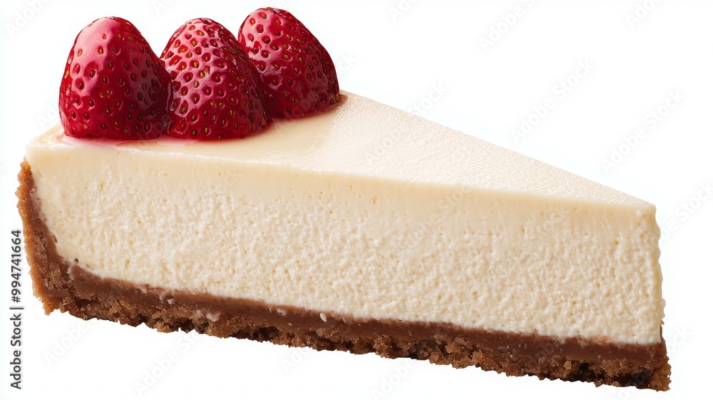 A slice of strawberry cheesecake with a strawberry on top A slice of strawberry cheesecake with a strawberry on top