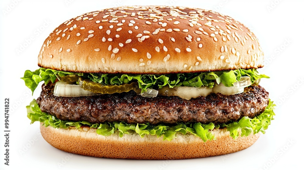A hamburger with lettuce and onions on it A hamburger with lettuce and onions on it