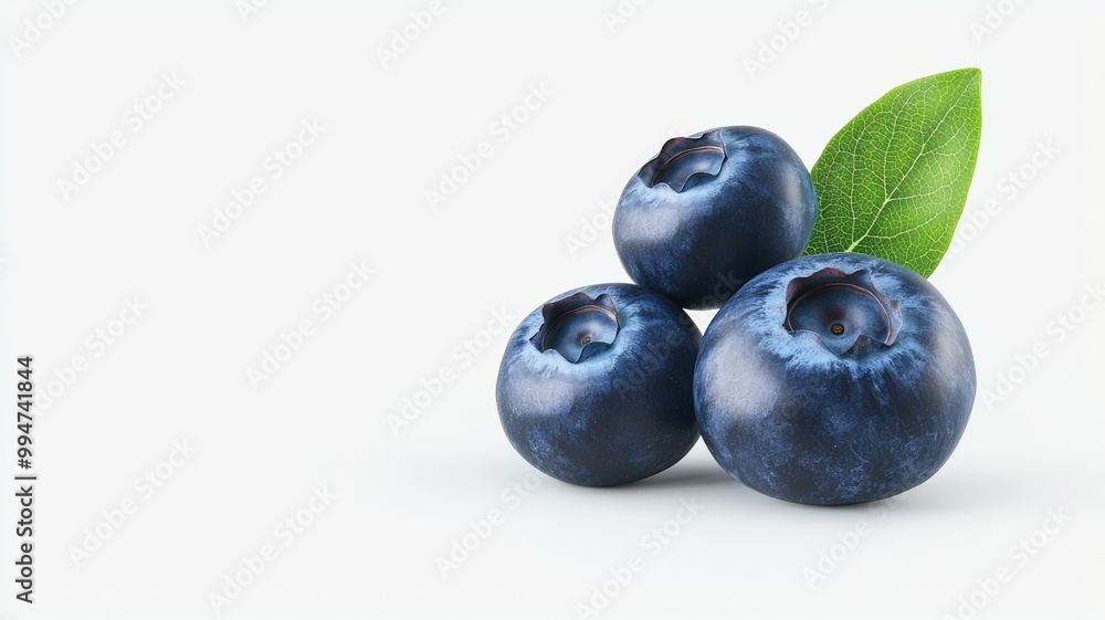 Three blueberries with a leaf on top Three blueberries with a leaf on top