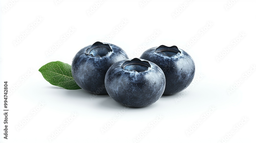 Three blueberries with a leaf on top Three blueberries with a leaf on top