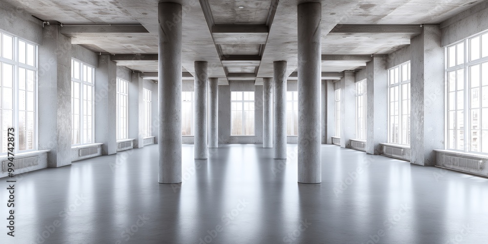 Naklejka premium A spacious, minimalist interior with large windows and concrete columns. The room is bathed in natural light, creating a bright and airy atmosphere.