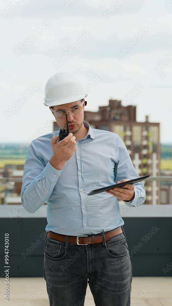 A builder engineer on a construction site uses a walkie-talkie and a tablet for project coordination A builder engineer on a construction site uses a walkie-talkie and a tablet for project coordination