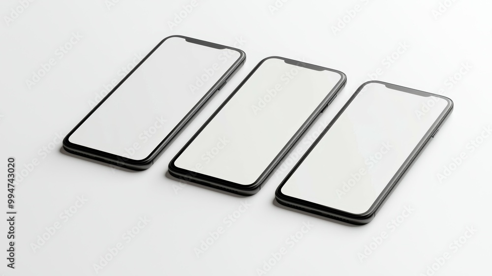 Three cell phones are lined up on a white background Three cell phones are lined up on a white background
